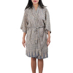 Handmade Batik Robe Kimono, 100% Cotton Soft, Gray White Harmony - Che Cose Belle