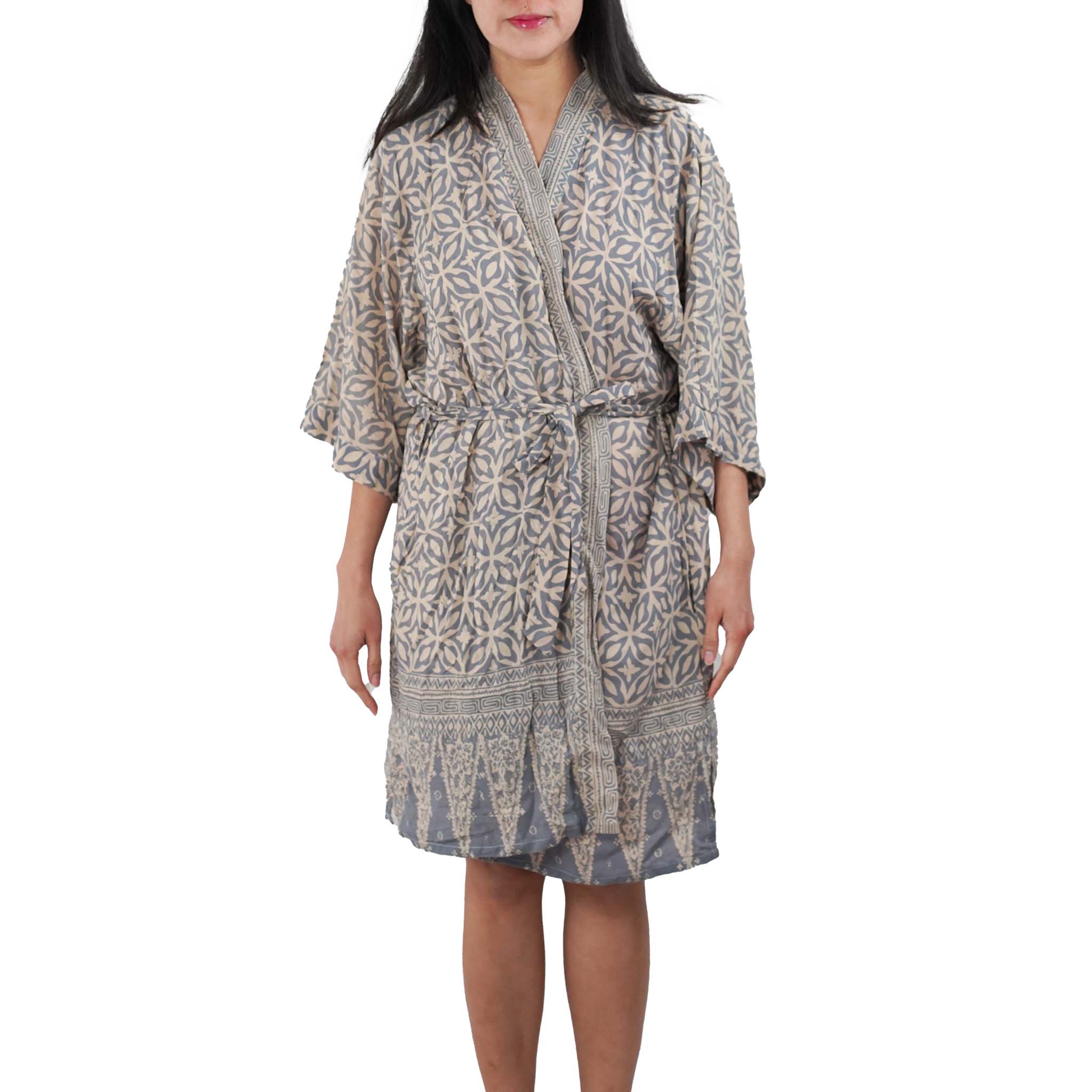 Handmade Batik Robe Kimono, 100% Cotton Soft, Gray White Harmony - Che Cose Belle