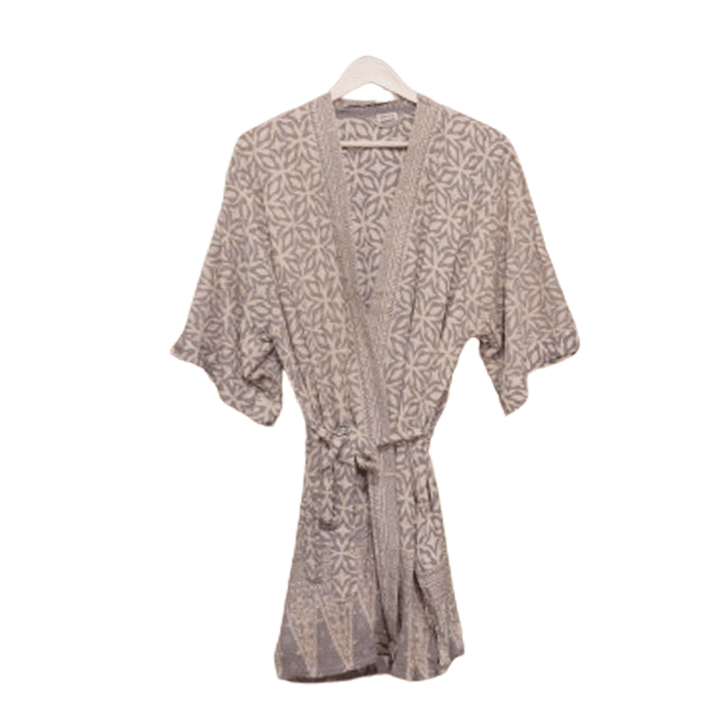 Handmade Batik Robe Kimono, 100% Cotton Soft, Gray White Harmony - Che Cose Belle