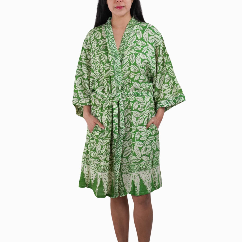 Handmade Batik Robe/ Kimono, Cotton Coffee Leaf - Che Cose Belle