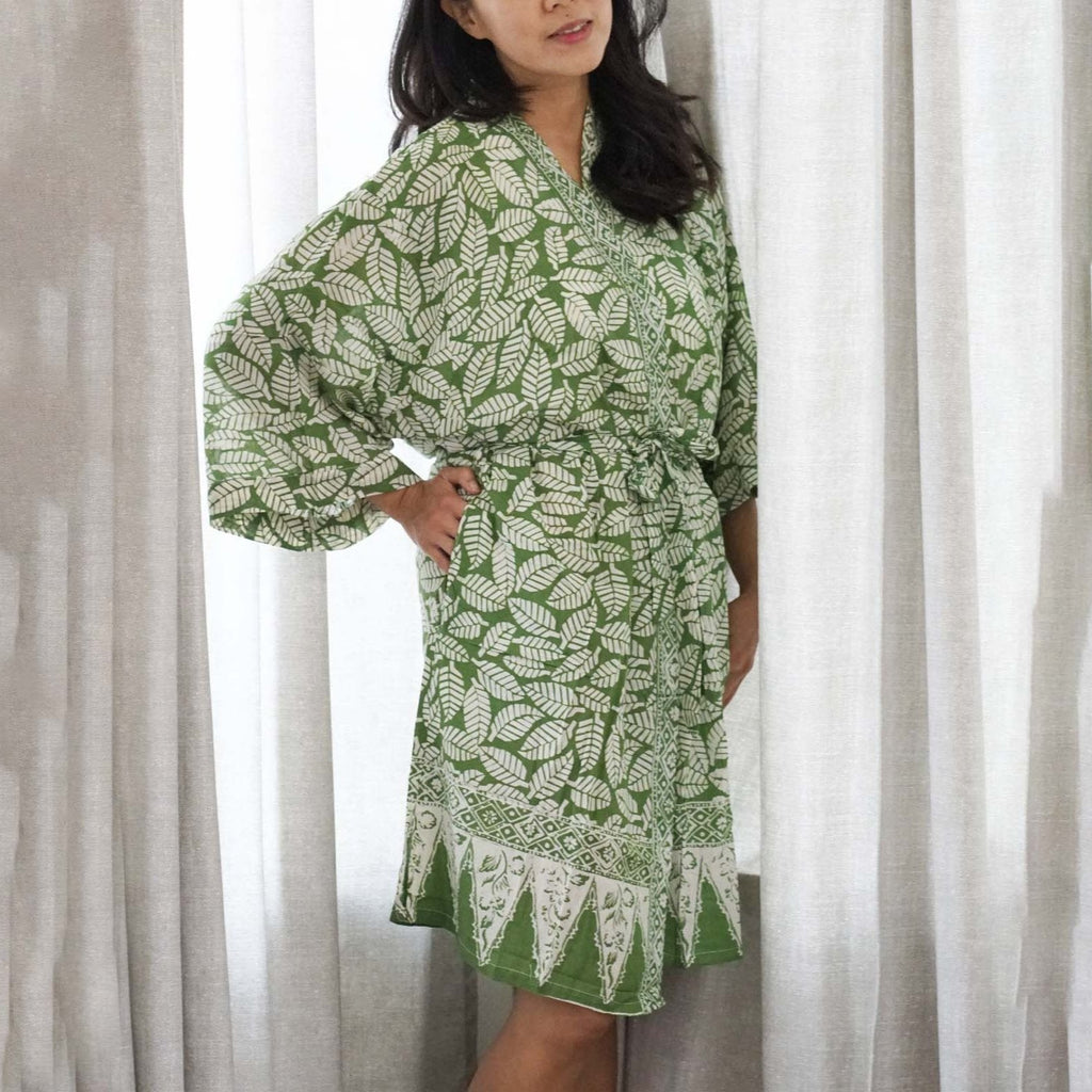 Handmade Batik Robe/ Kimono, Cotton Coffee Leaf - Che Cose Belle