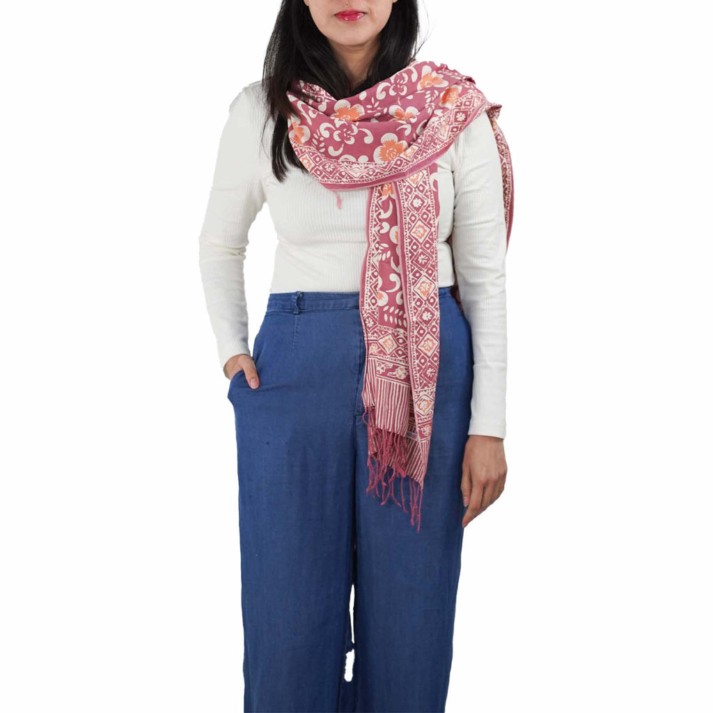 Handmade Batik Scarf, Cotton, Plumeria, Pink, Purple, Peach - Che Cose Belle
