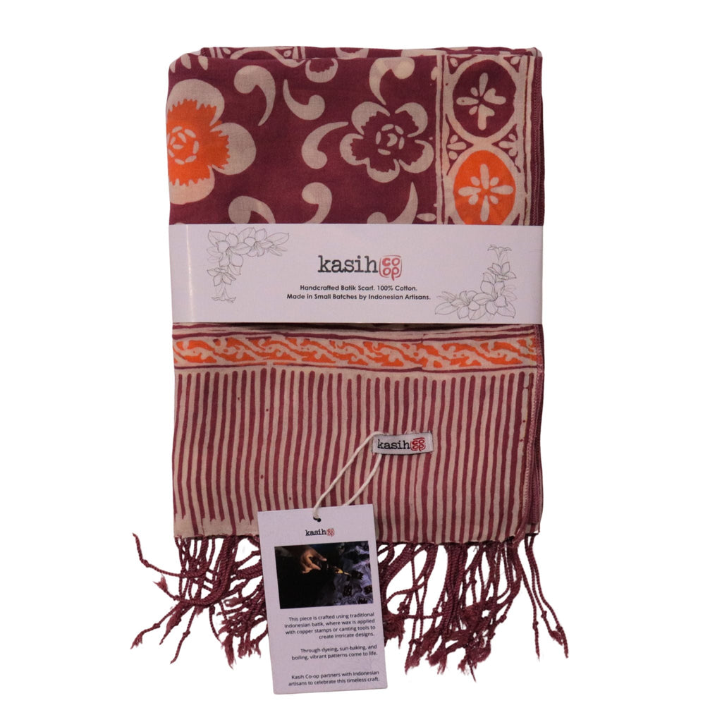 Handmade Batik Scarf, Cotton, Plumeria, Pink, Purple, Peach - Che Cose Belle