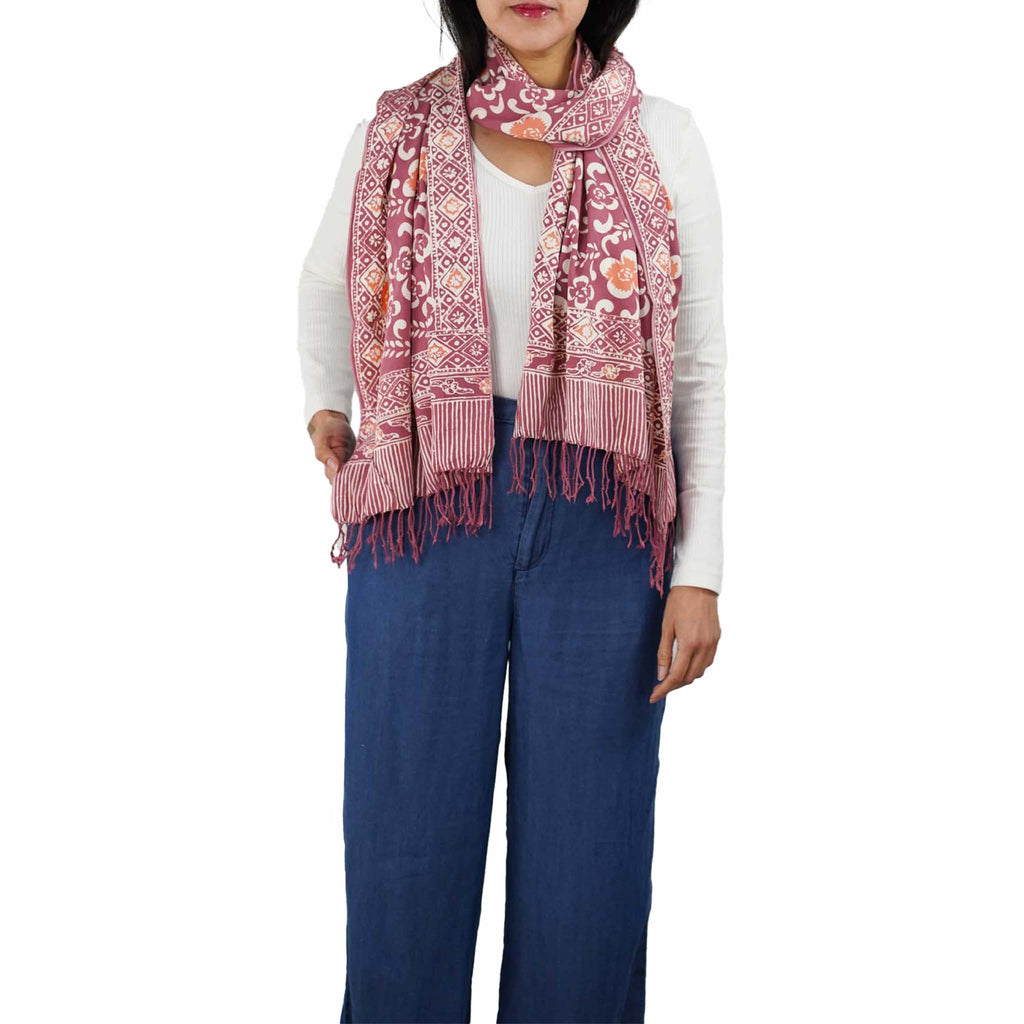 Handmade Batik Scarf, Cotton, Plumeria, Pink, Purple, Peach - Che Cose Belle