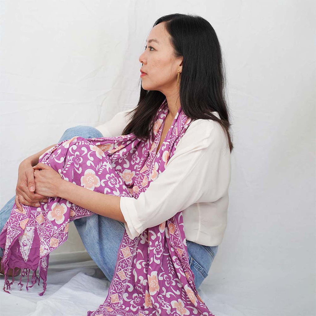 Handmade Batik Scarf, Cotton, Plumeria, Pink, Purple, Peach - Che Cose Belle