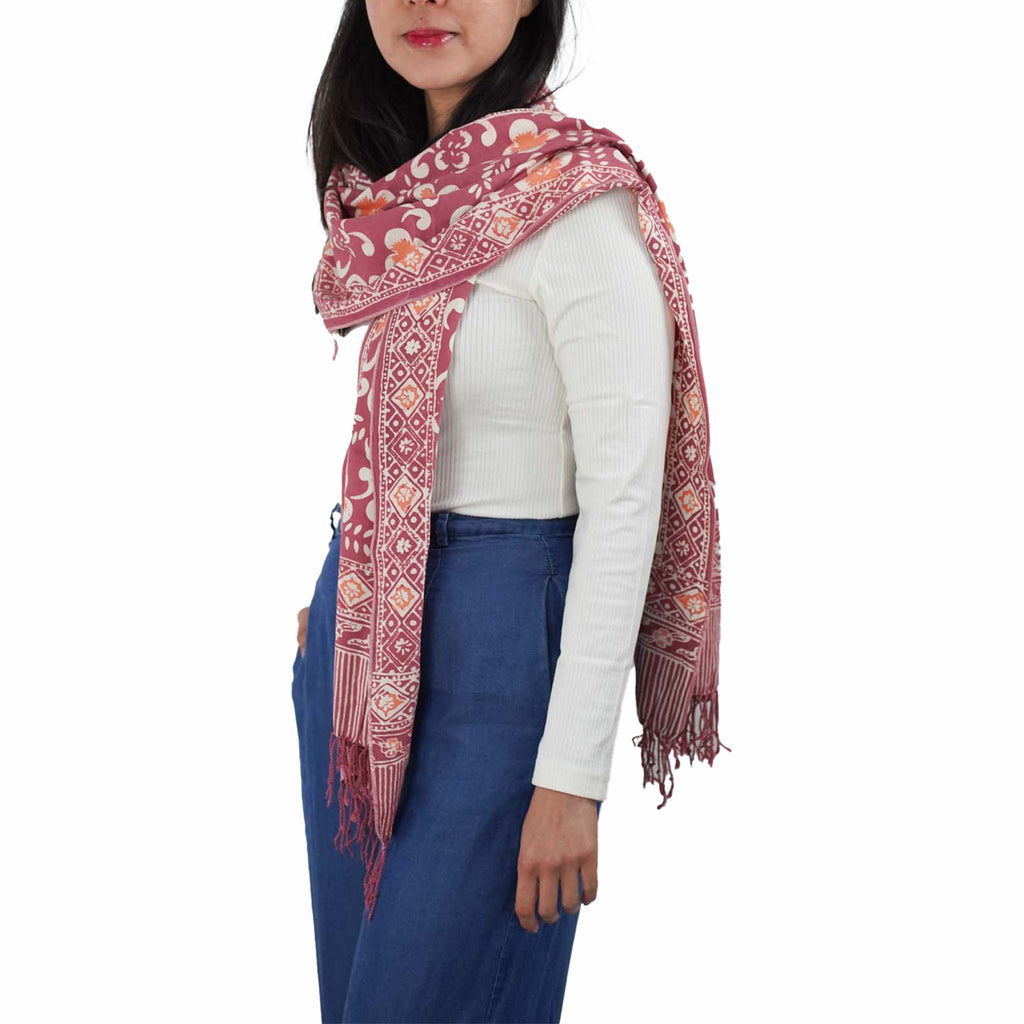 Handmade Batik Scarf, Cotton, Plumeria, Pink, Purple, Peach - Che Cose Belle