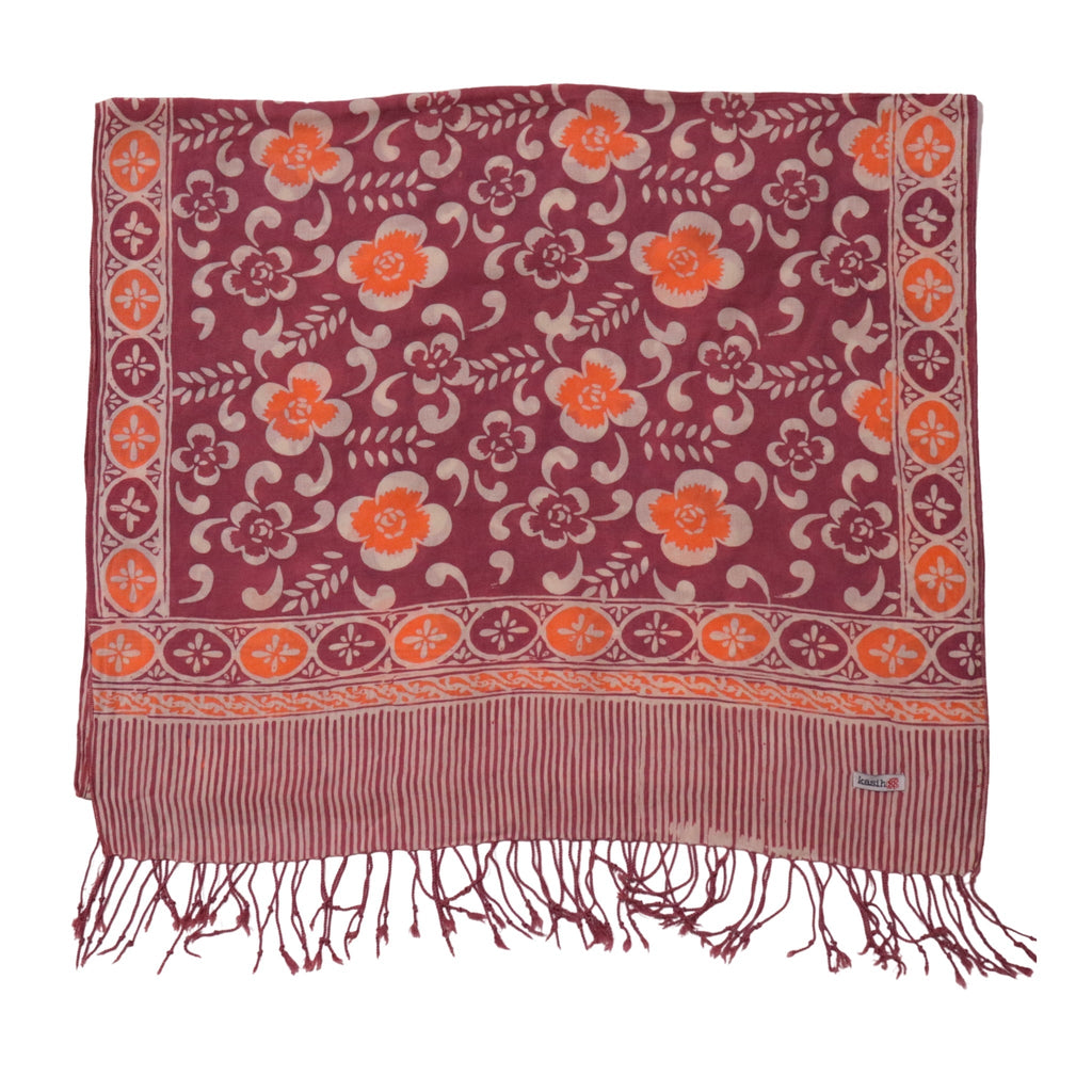 Handmade Batik Scarf, Cotton, Plumeria, Pink, Purple, Peach - Che Cose Belle
