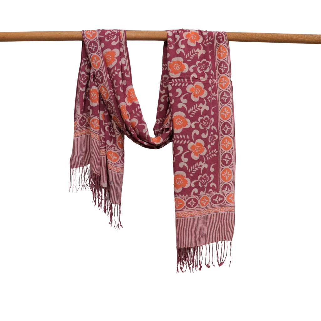 Handmade Batik Scarf, Cotton, Plumeria, Pink, Purple, Peach - Che Cose Belle