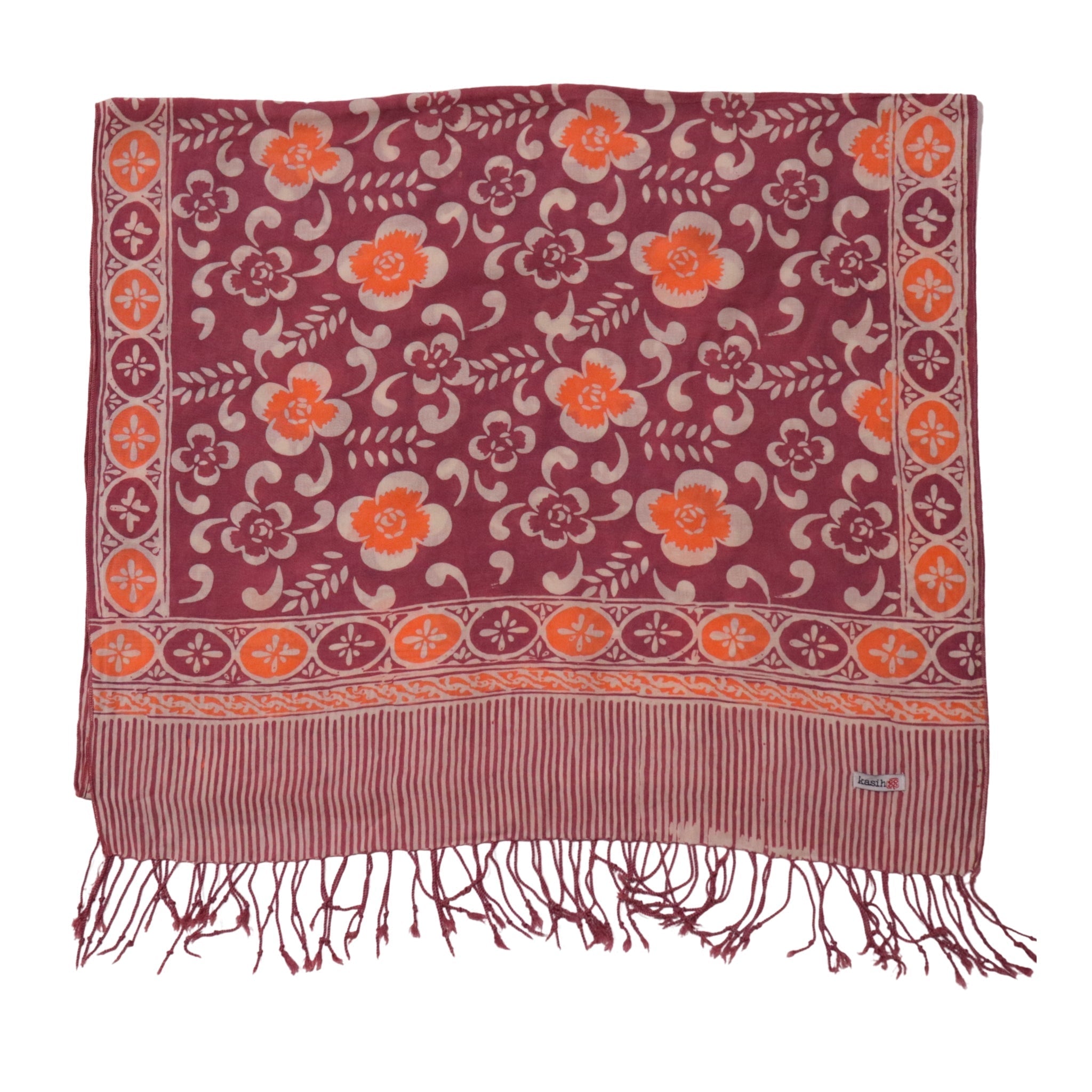 Handmade Batik Scarf, Cotton, Plumeria, Pink, Purple, Peach - Che Cose Belle
