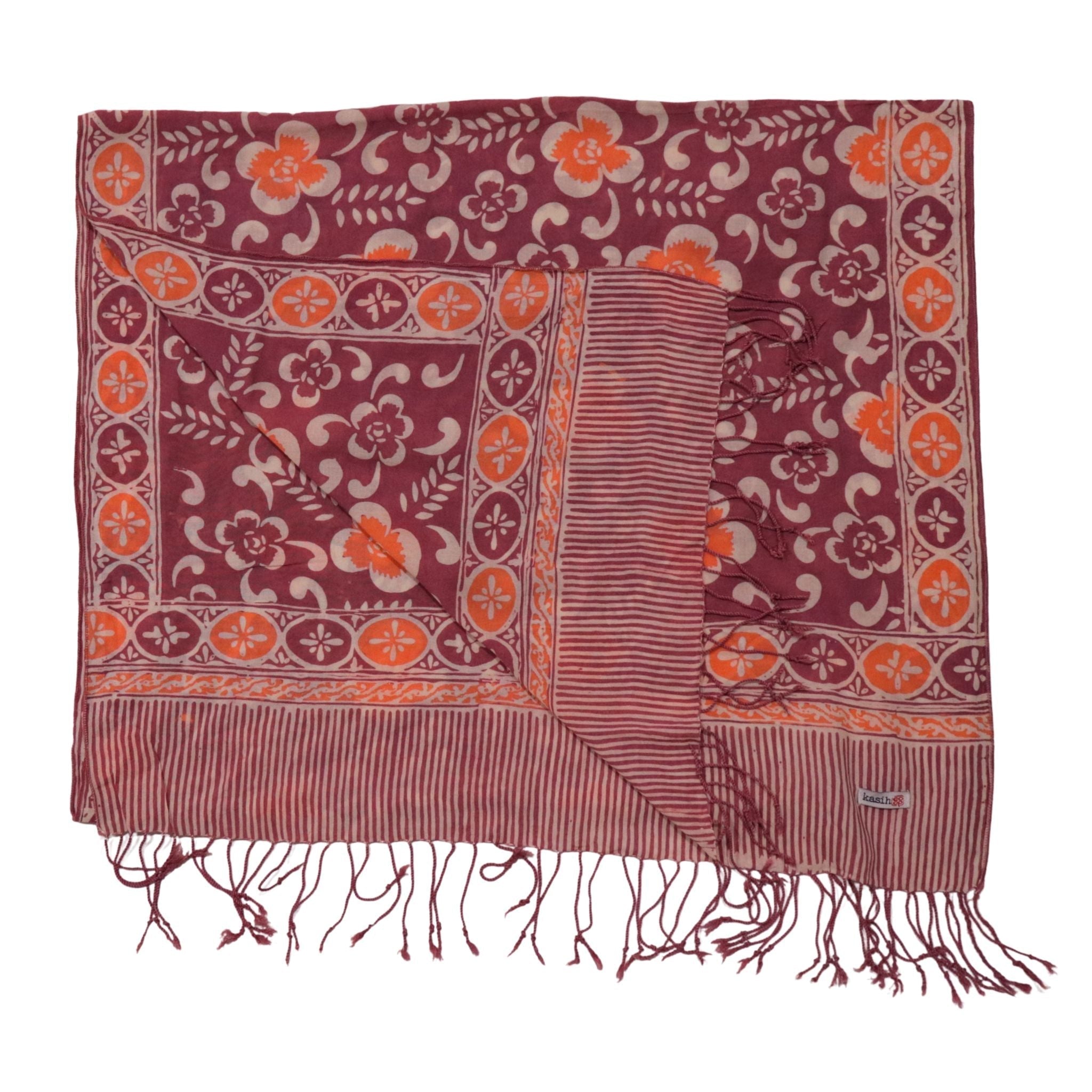 Handmade Batik Scarf, Cotton, Plumeria, Pink, Purple, Peach - Che Cose Belle