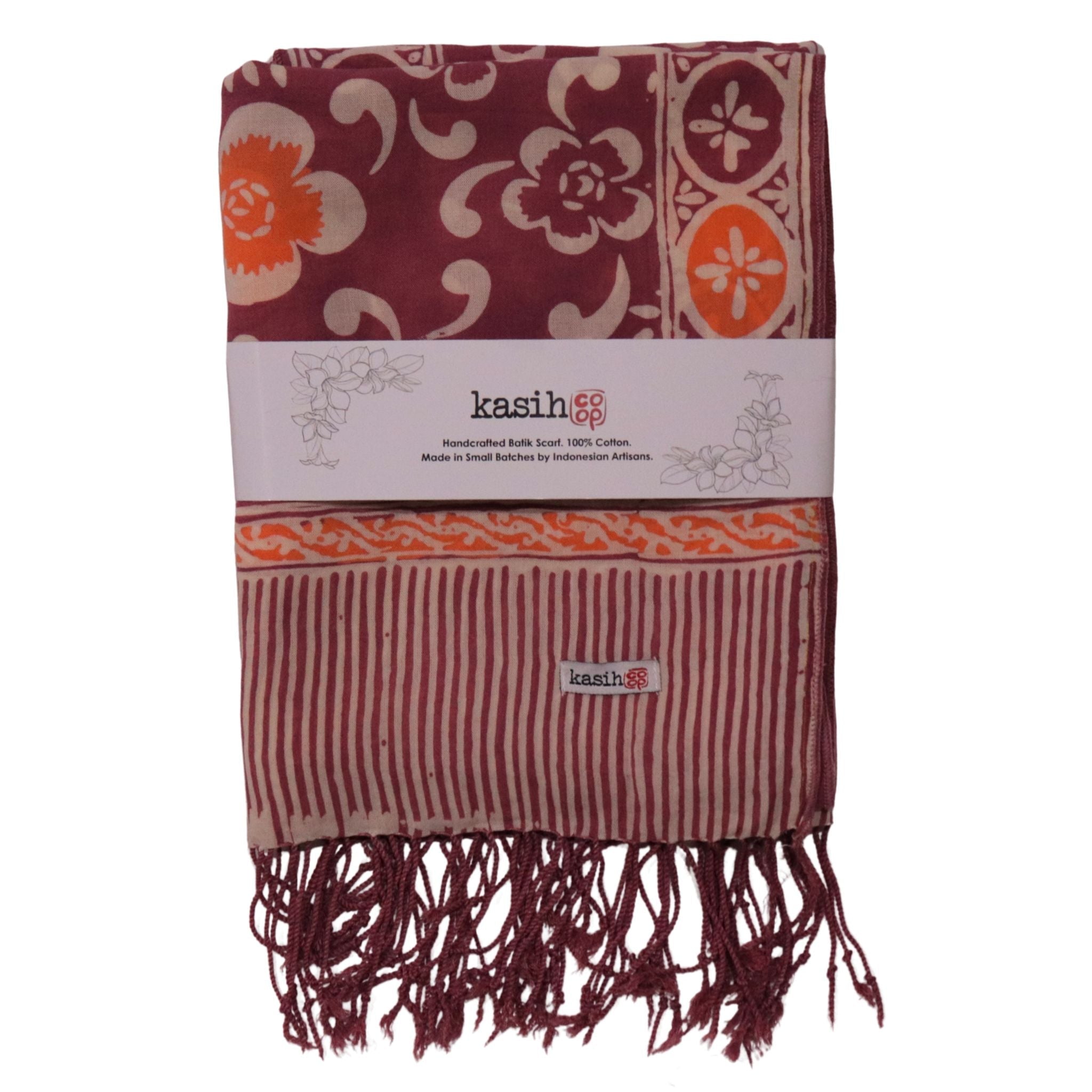 Handmade Batik Scarf, Cotton, Plumeria, Pink, Purple, Peach - Che Cose Belle