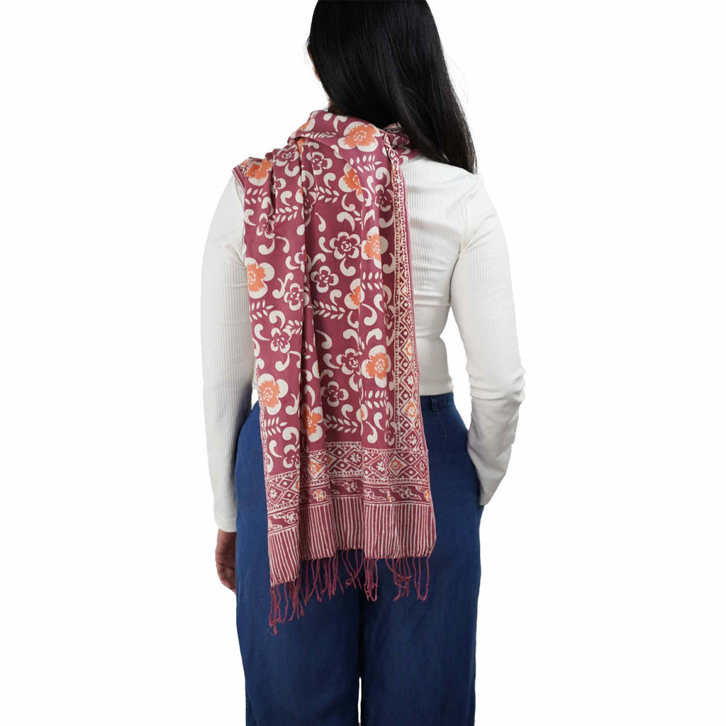 Handmade Batik Scarf, Cotton, Plumeria, Pink, Purple, Peach - Che Cose Belle