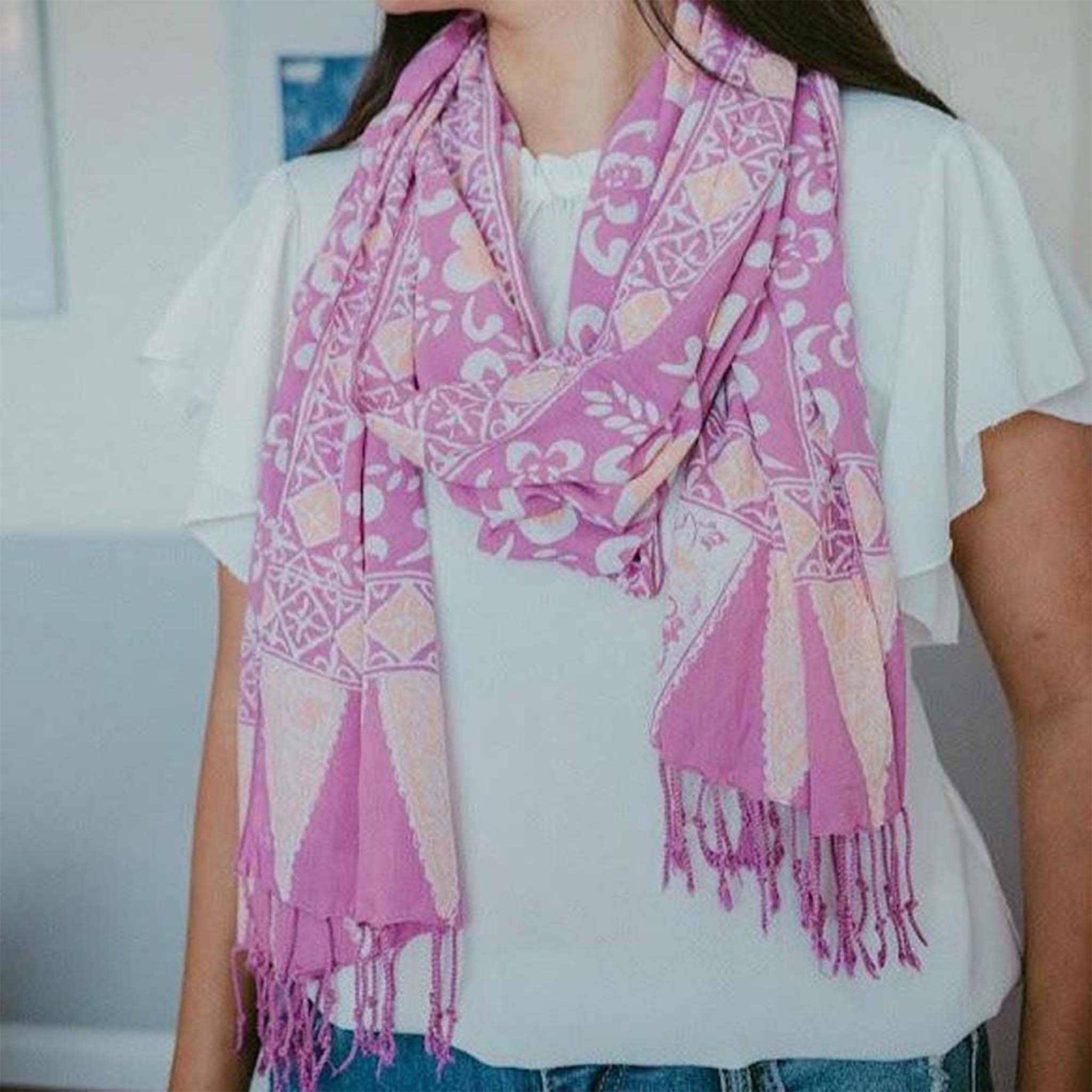 Handmade Batik Scarf, Cotton, Plumeria, Pink, Purple, Peach - Che Cose Belle