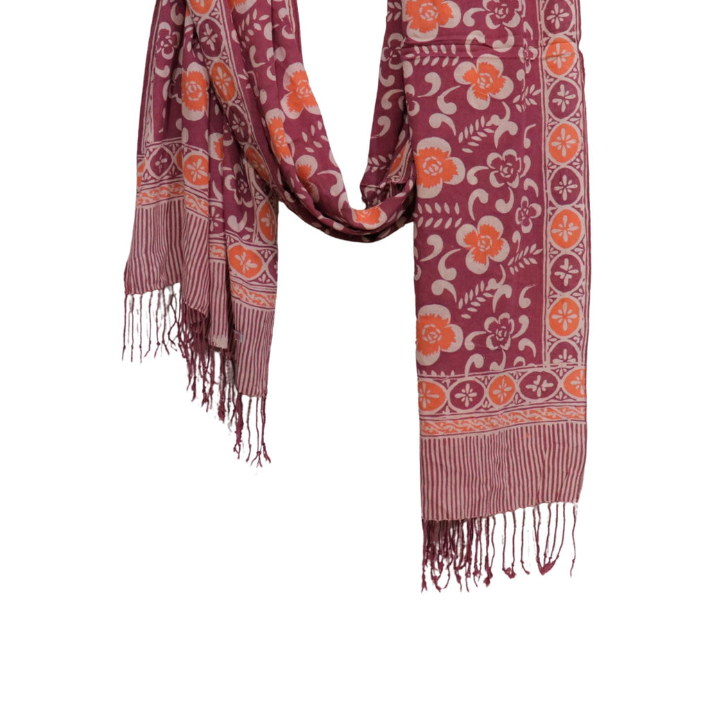 Handmade Batik Scarf, Cotton, Plumeria, Pink, Purple, Peach - Che Cose Belle