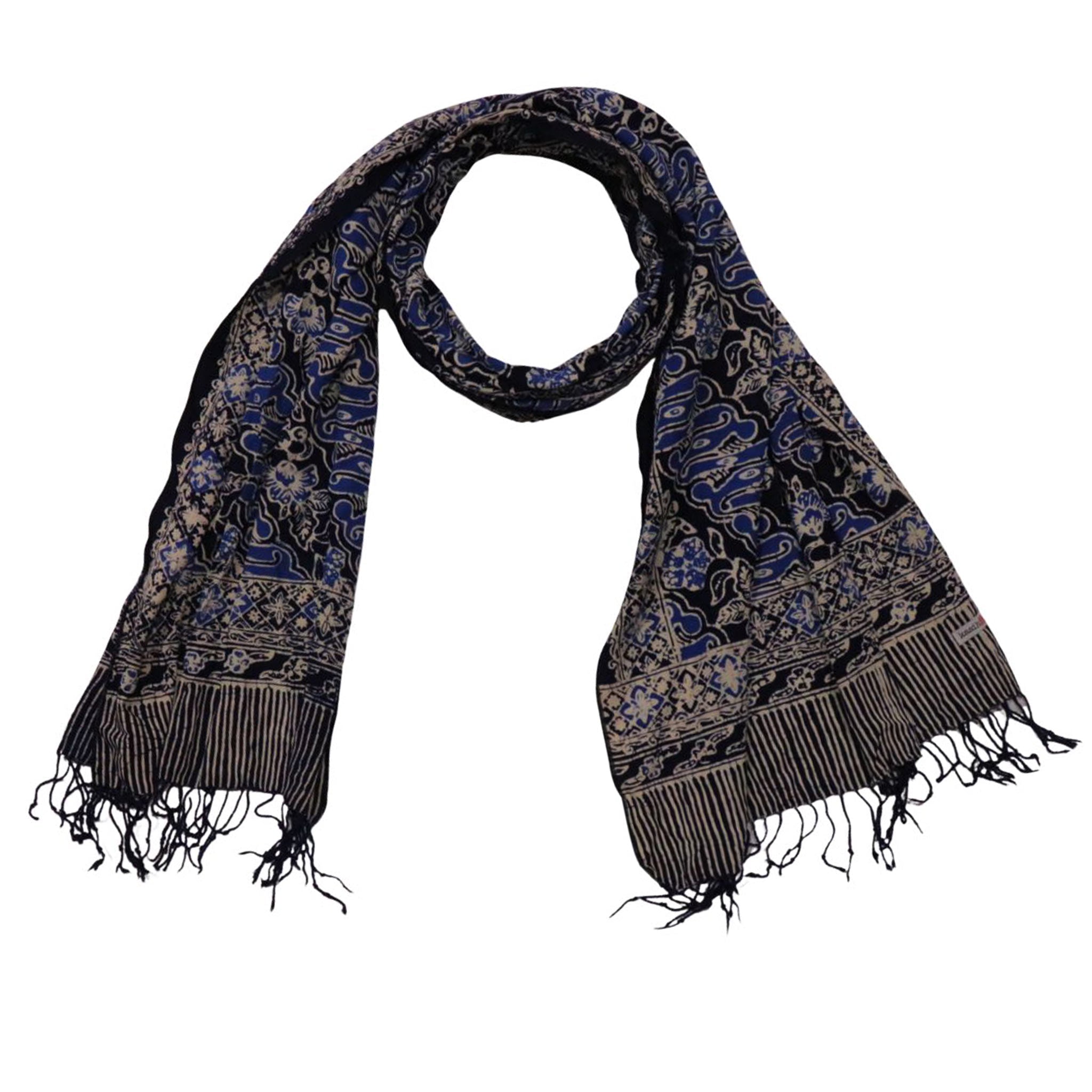 Handmade Batik Scarf, Soft Cotton, Midnight Autumn, Blue Black Navy, White - Che Cose Belle