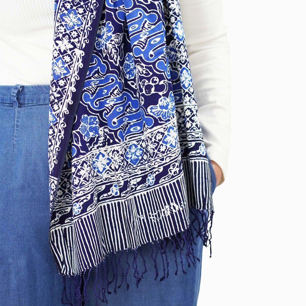 Handmade Batik Scarf, Soft Cotton, Midnight Autumn, Blue Black Navy, White - Che Cose Belle