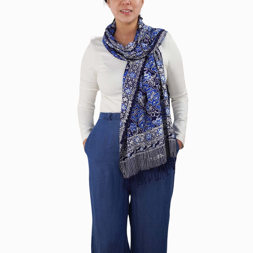 Handmade Batik Scarf, Soft Cotton, Midnight Autumn, Blue Black Navy, White - Che Cose Belle