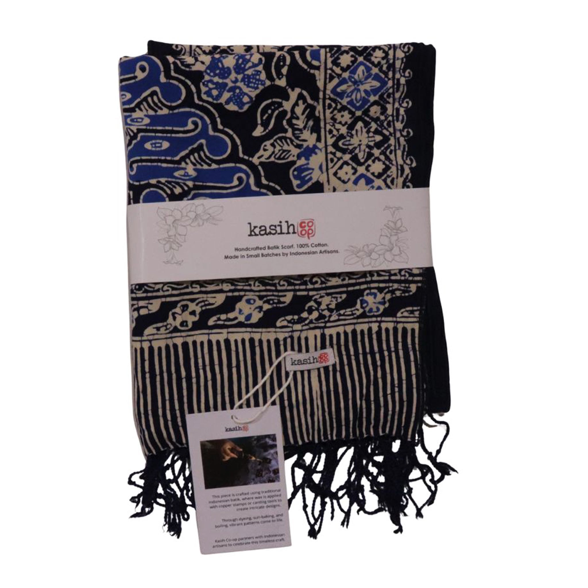 Handmade Batik Scarf, Soft Cotton, Midnight Autumn, Blue Black Navy, White - Che Cose Belle