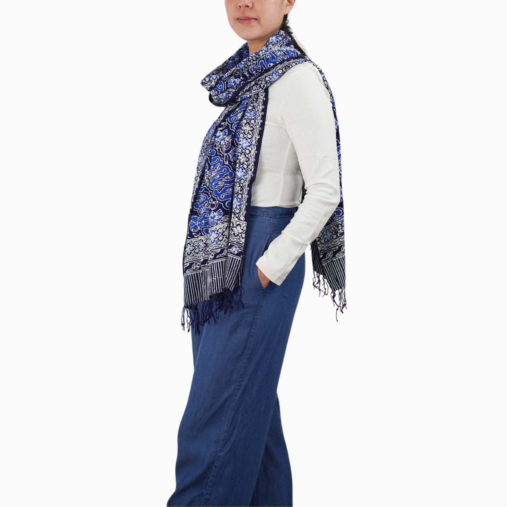 Handmade Batik Scarf, Soft Cotton, Midnight Autumn, Blue Black Navy, White - Che Cose Belle