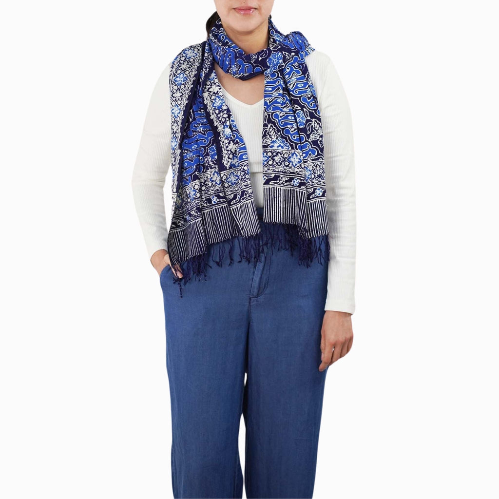 Handmade Batik Scarf, Soft Cotton, Midnight Autumn, Blue Black Navy, White - Che Cose Belle