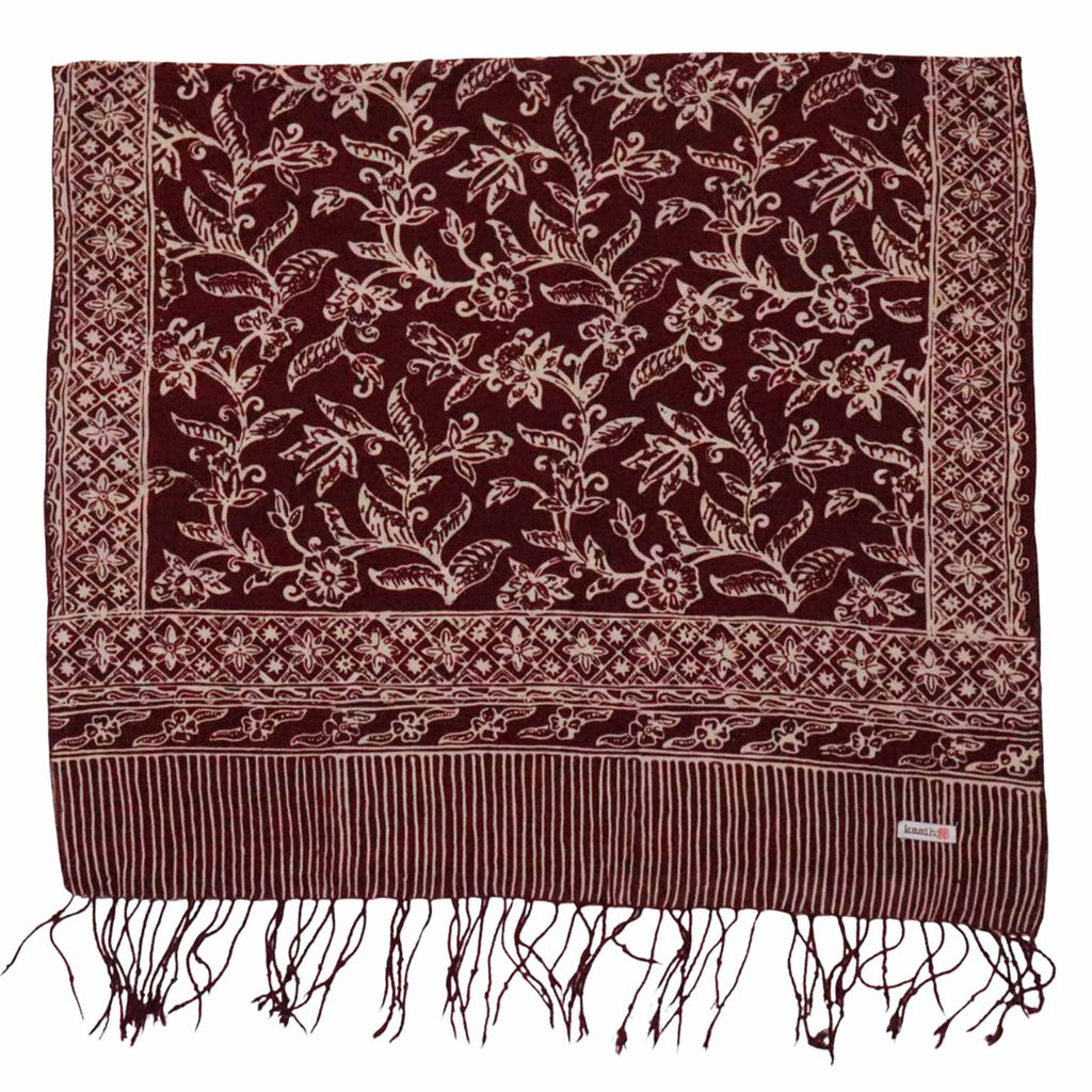 Handmade Batik Scarf, soft Cotton, Red White Cherish, Burgundy - Che Cose Belle