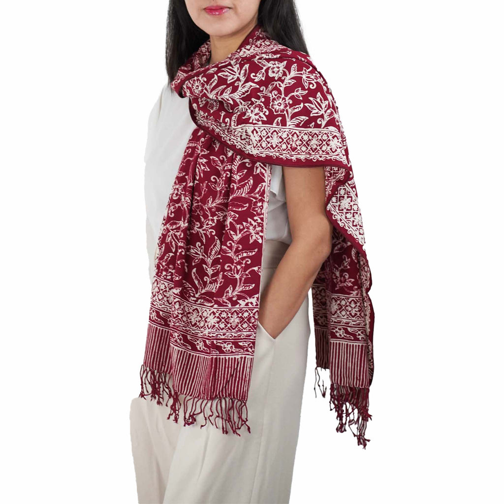 Handmade Batik Scarf, soft Cotton, Red White Cherish, Burgundy - Che Cose Belle