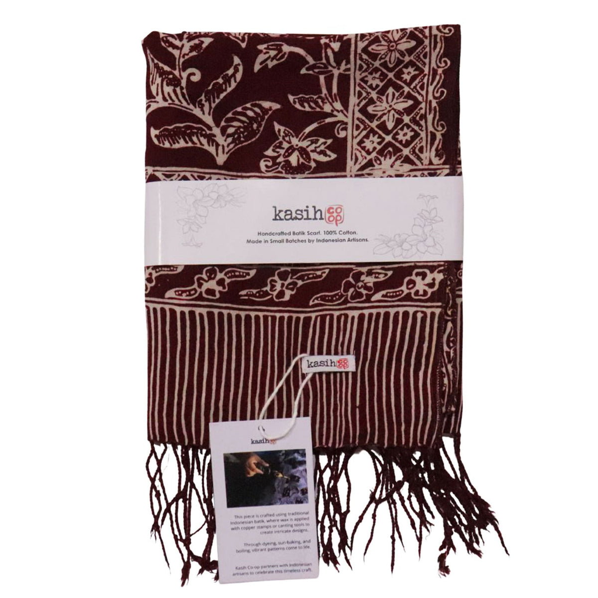 Handmade Batik Scarf, soft Cotton, Red White Cherish, Burgundy - Che Cose Belle