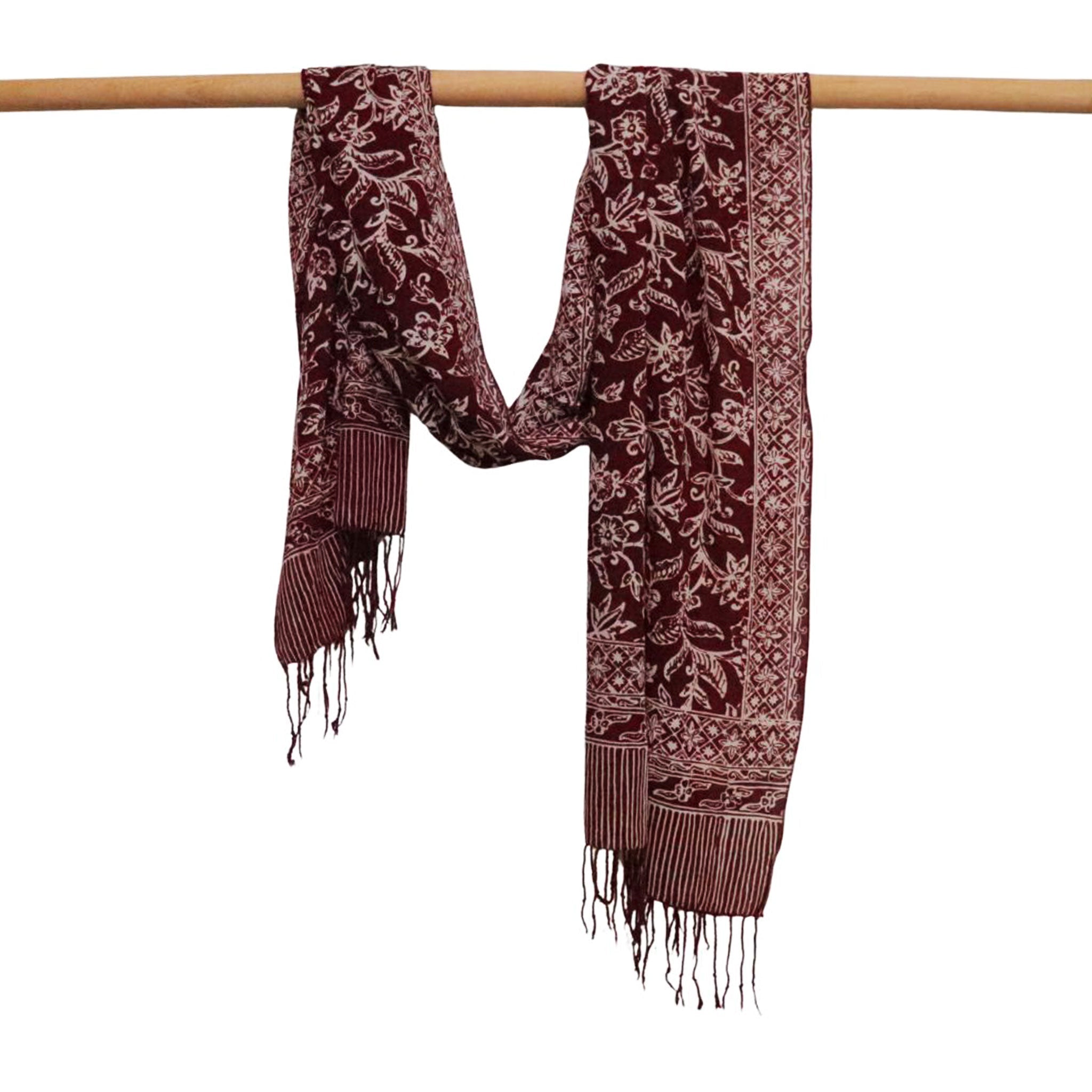 Handmade Batik Scarf, soft Cotton, Red White Cherish, Burgundy - Che Cose Belle