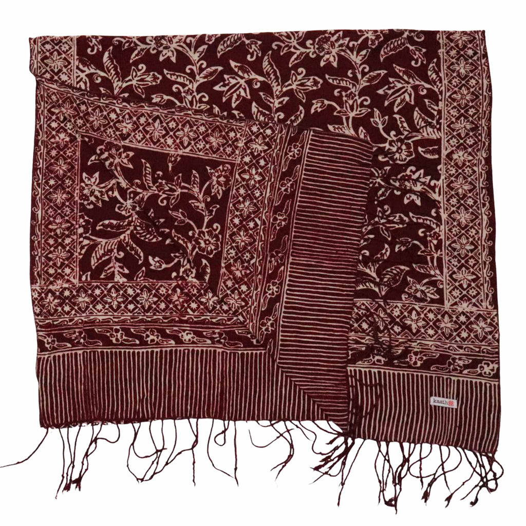 Handmade Batik Scarf, soft Cotton, Red White Cherish, Burgundy - Che Cose Belle