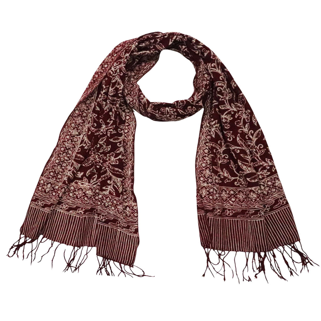Handmade Batik Scarf, soft Cotton, Red White Cherish, Burgundy - Che Cose Belle