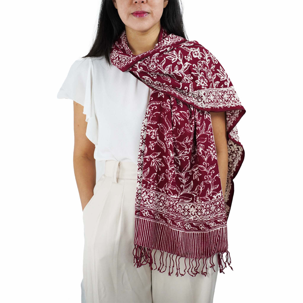 Handmade Batik Scarf, soft Cotton, Red White Cherish, Burgundy - Che Cose Belle