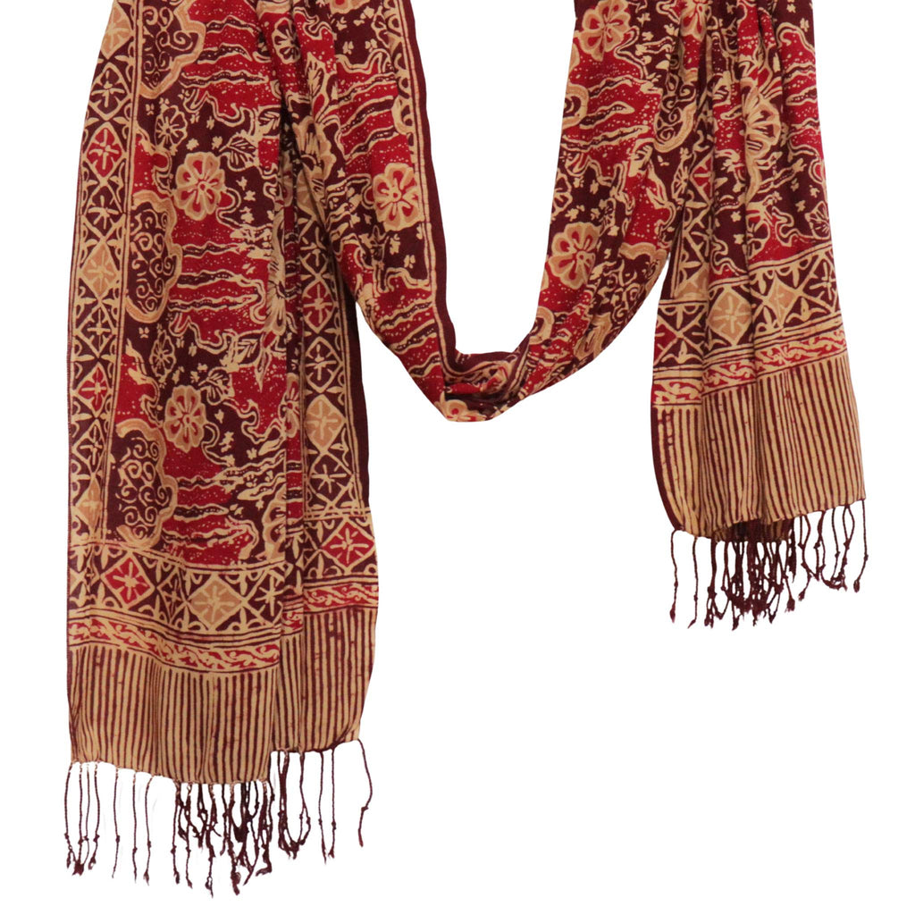 Handmade Batik Scarf, Soft Cotton, Sunlit Garden, Red Burgundy - Che Cose Belle