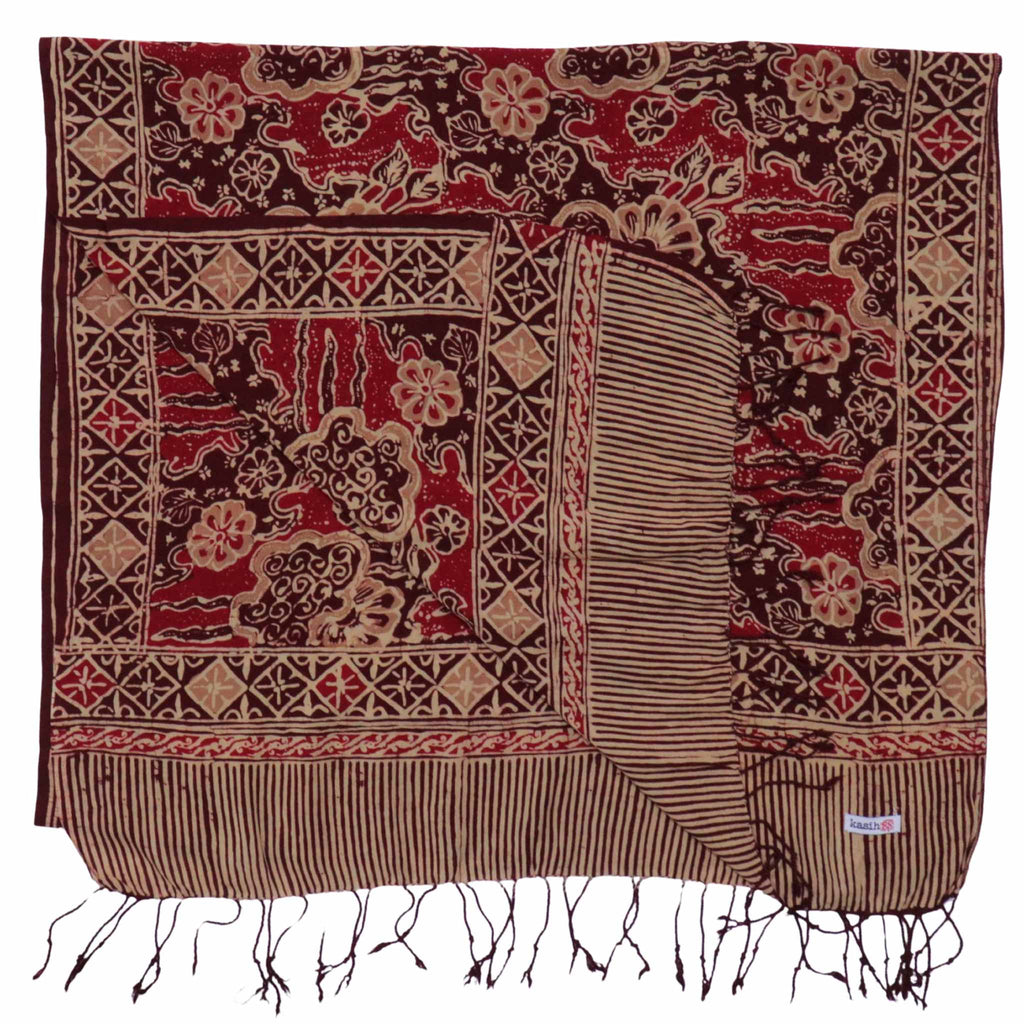 Handmade Batik Scarf, Soft Cotton, Sunlit Garden, Red Burgundy - Che Cose Belle