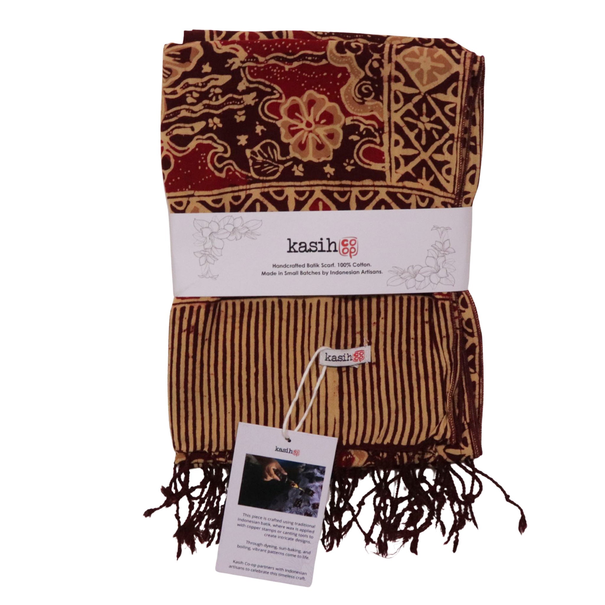 Handmade Batik Scarf, Soft Cotton, Sunlit Garden, Red Burgundy - Che Cose Belle