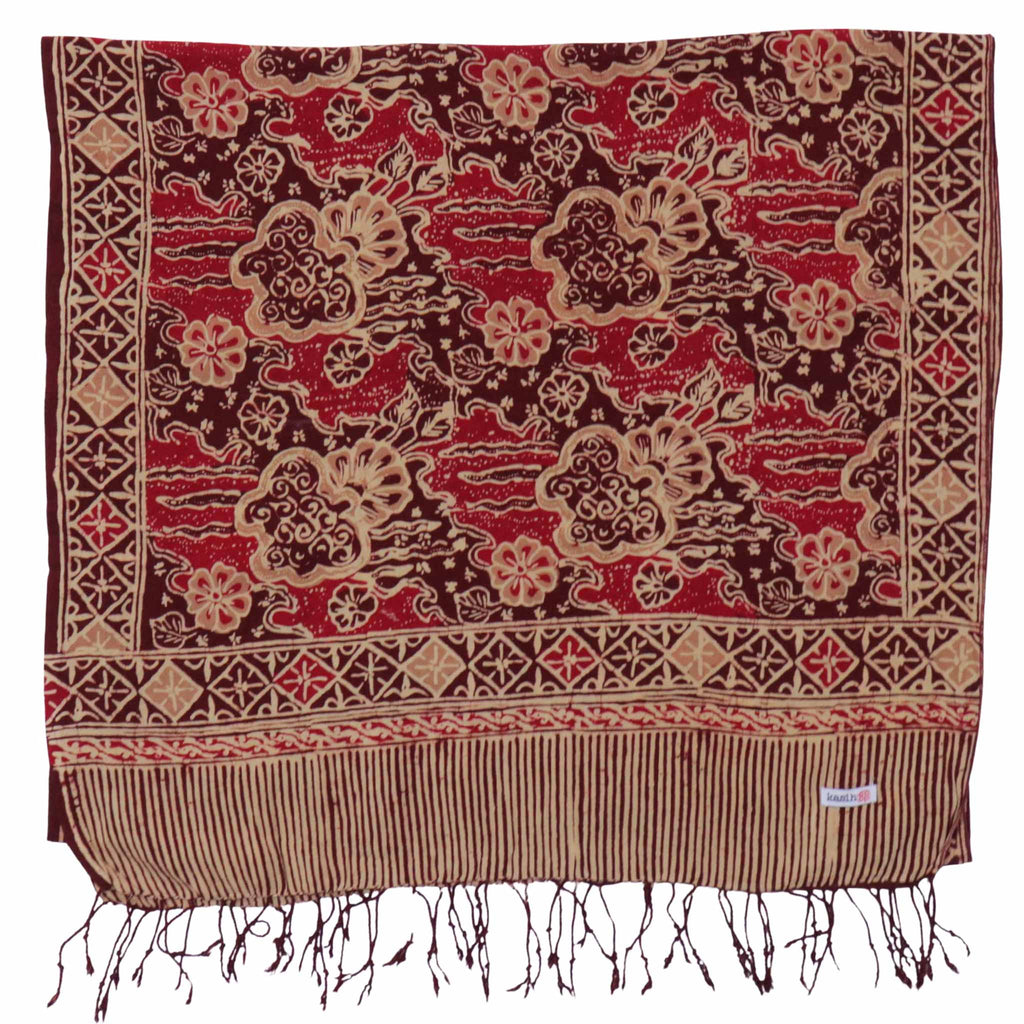 Handmade Batik Scarf, Soft Cotton, Sunlit Garden, Red Burgundy - Che Cose Belle