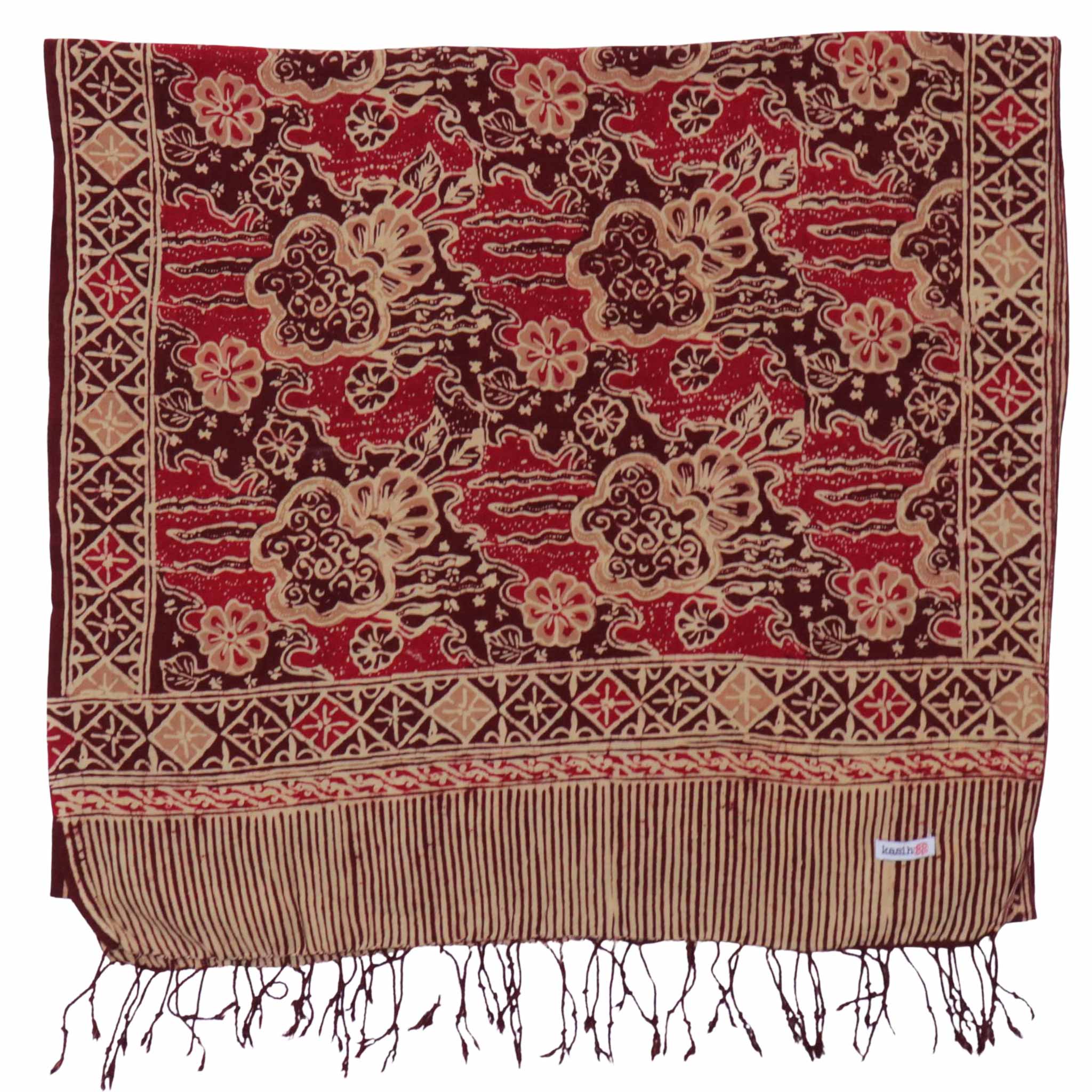 Handmade Batik Scarf, Soft Cotton, Sunlit Garden, Red Burgundy - Che Cose Belle