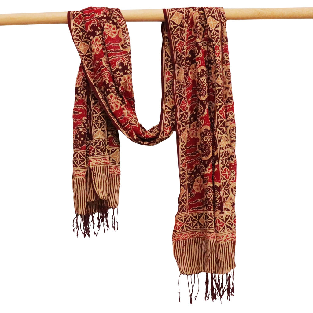 Handmade Batik Scarf, Soft Cotton, Sunlit Garden, Red Burgundy - Che Cose Belle