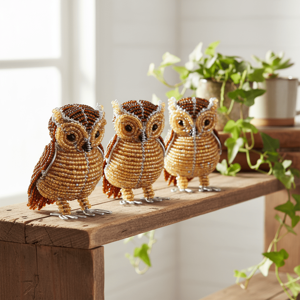 Handmade Beaded minimal Owl Figurine – Haitian Artisan Home Décor. (set of 3). - Che Cose Belle