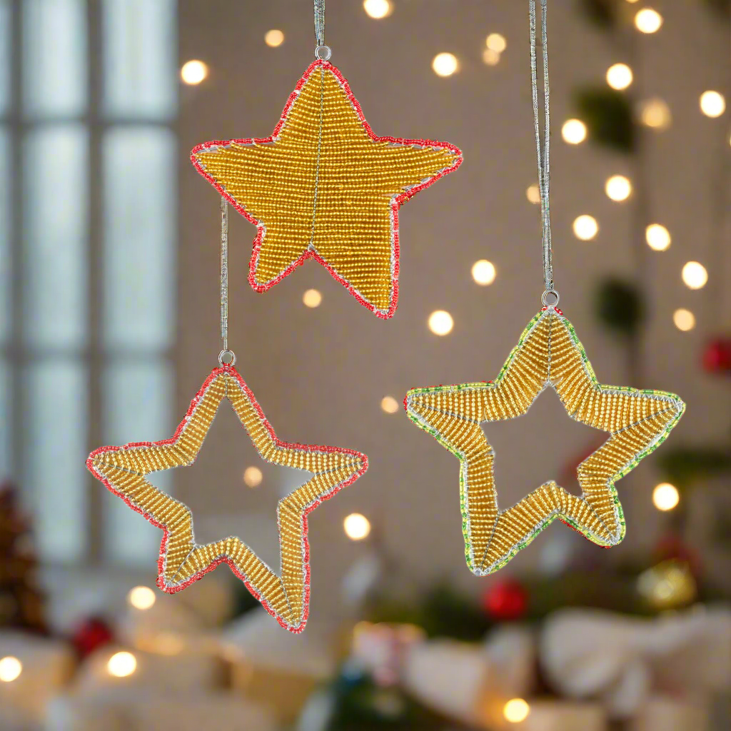 Handmade Beaded Star Ornament – Haitian Artisan Holiday Décor-Festive Christmas. (Set of 3, Asst) - Che Cose Belle