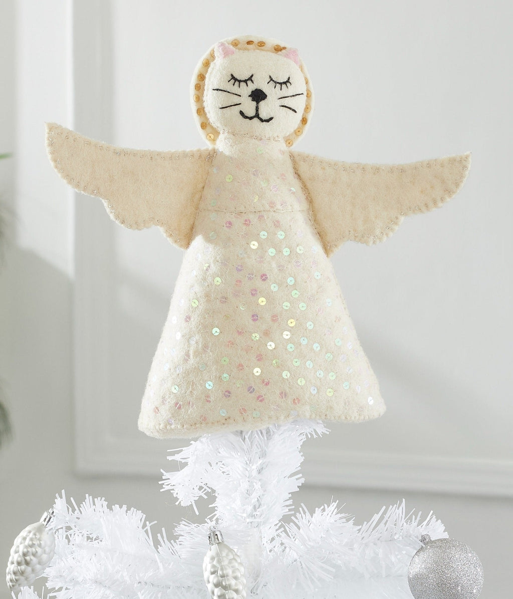 Handmade Cat Angel Felt Christmas Tree Topper Cream Arcadia Home - Che Cose Belle