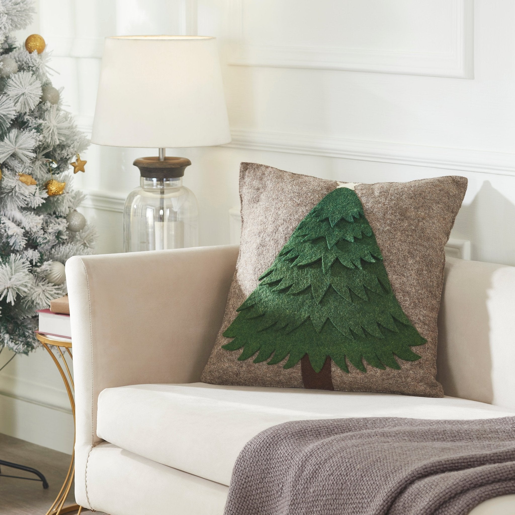 Handmade Christmas Pillow Hand Felted Wool - Green Tree Gray - 20" Arcadia Home - Che Cose Belle