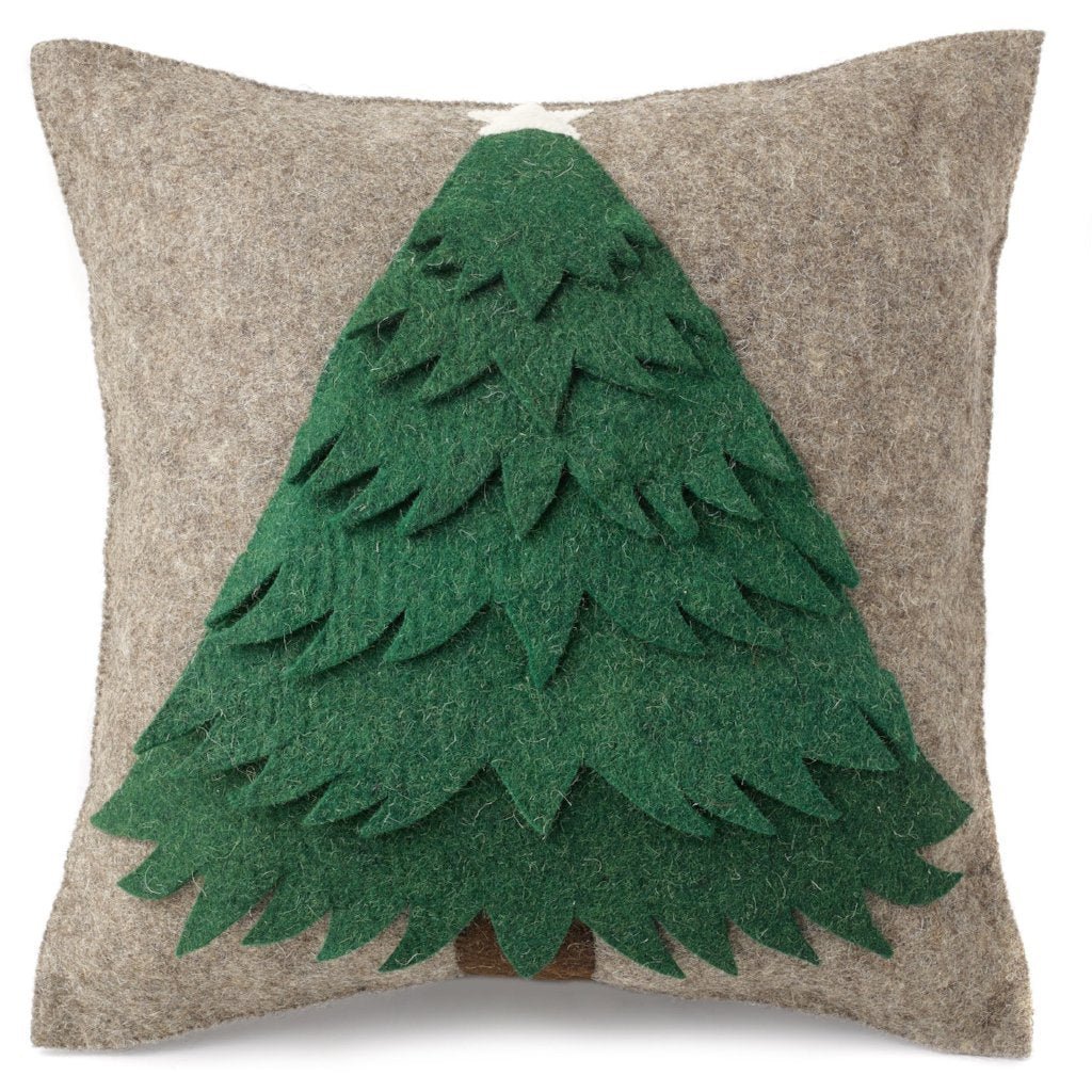 Handmade Christmas Pillow Hand Felted Wool - Green Tree Gray - 20" Arcadia Home - Che Cose Belle