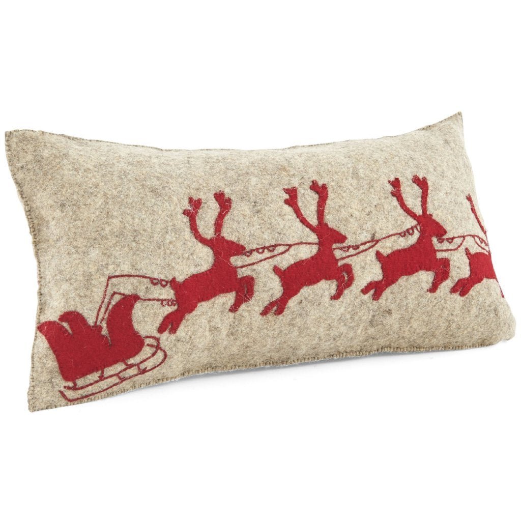 Handmade Christmas Pillow Hand Felted Wool - Red Reindeer Gray - 12"x24" Arcadia Home - Che Cose Belle