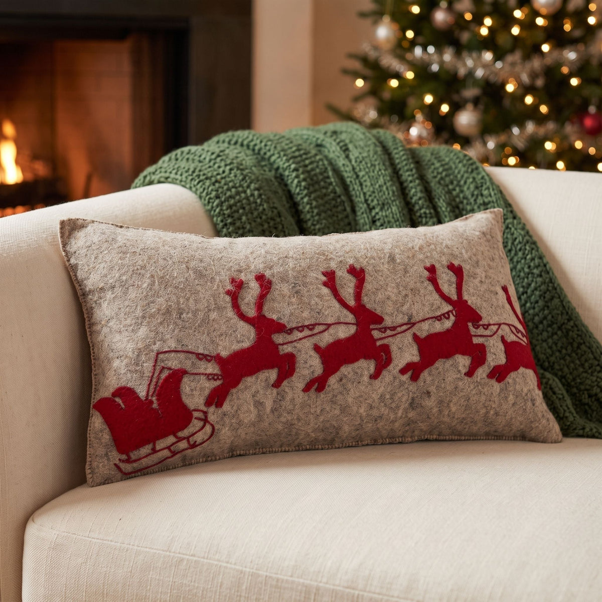Handmade Christmas Pillow Hand Felted Wool - Red Reindeer Gray - 12"x24" Arcadia Home - Che Cose Belle