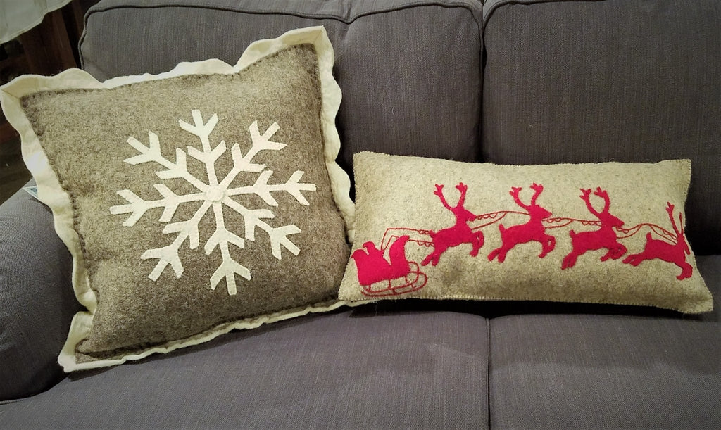 Handmade Christmas Pillow Hand Felted Wool - Red Reindeer Gray - 12"x24" Arcadia Home - Che Cose Belle