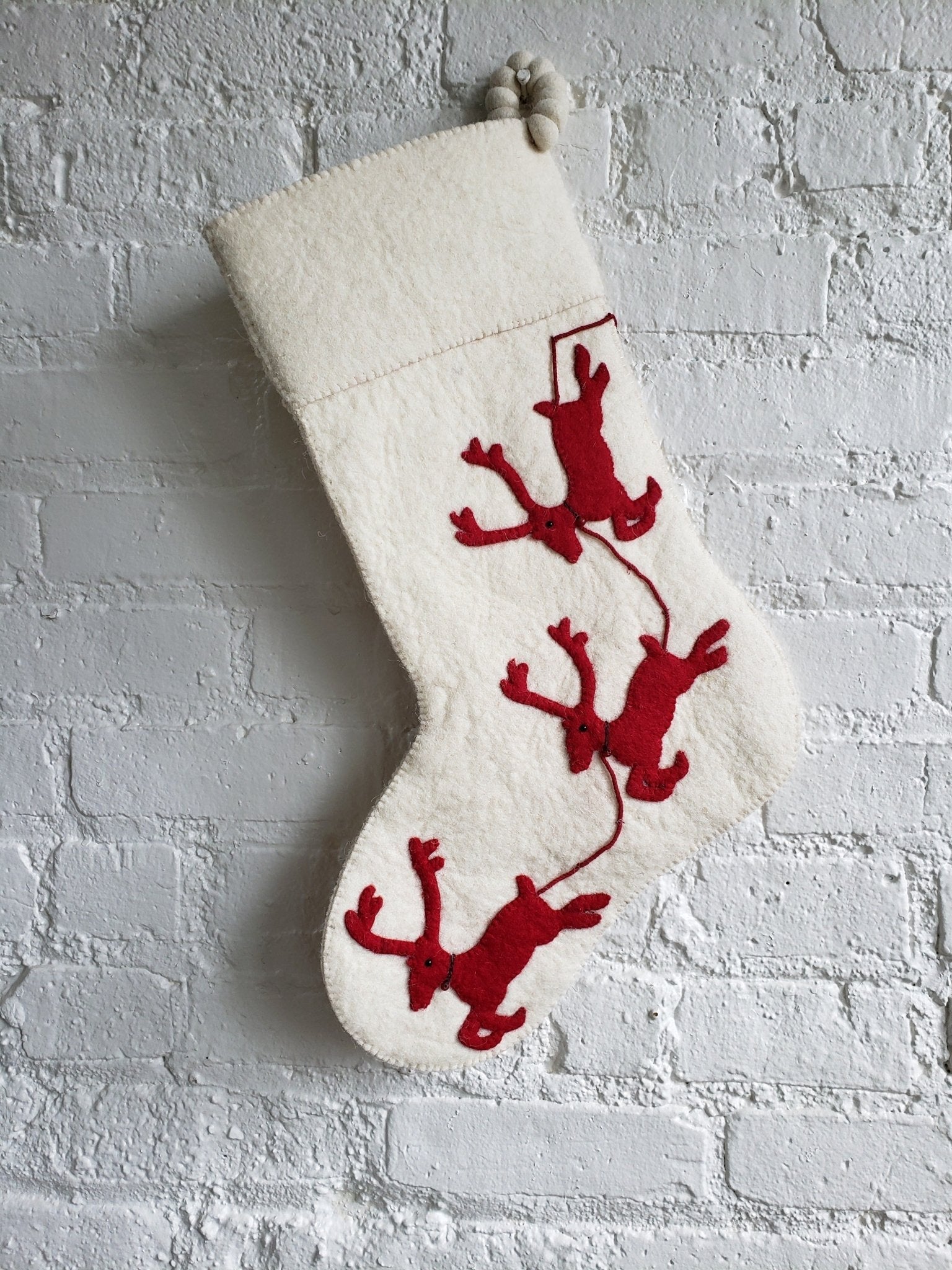 Handmade Christmas Stocking Cream Reindeer Red Arcadia Home - Che Cose Belle