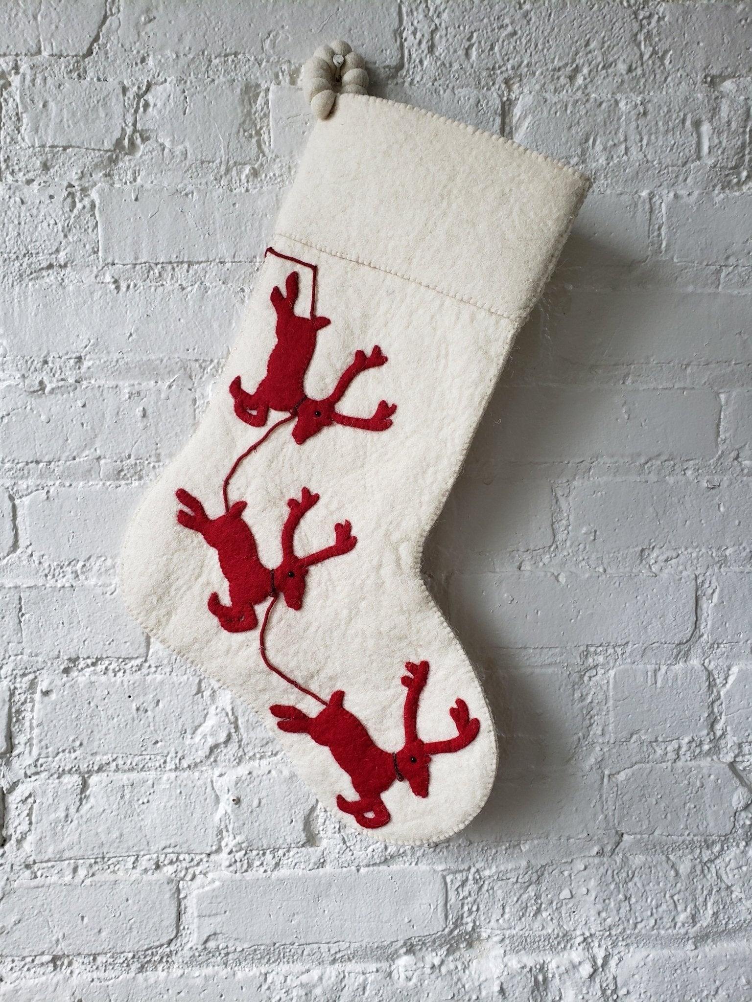Handmade Christmas Stocking Cream Reindeer Red Arcadia Home - Che Cose Belle