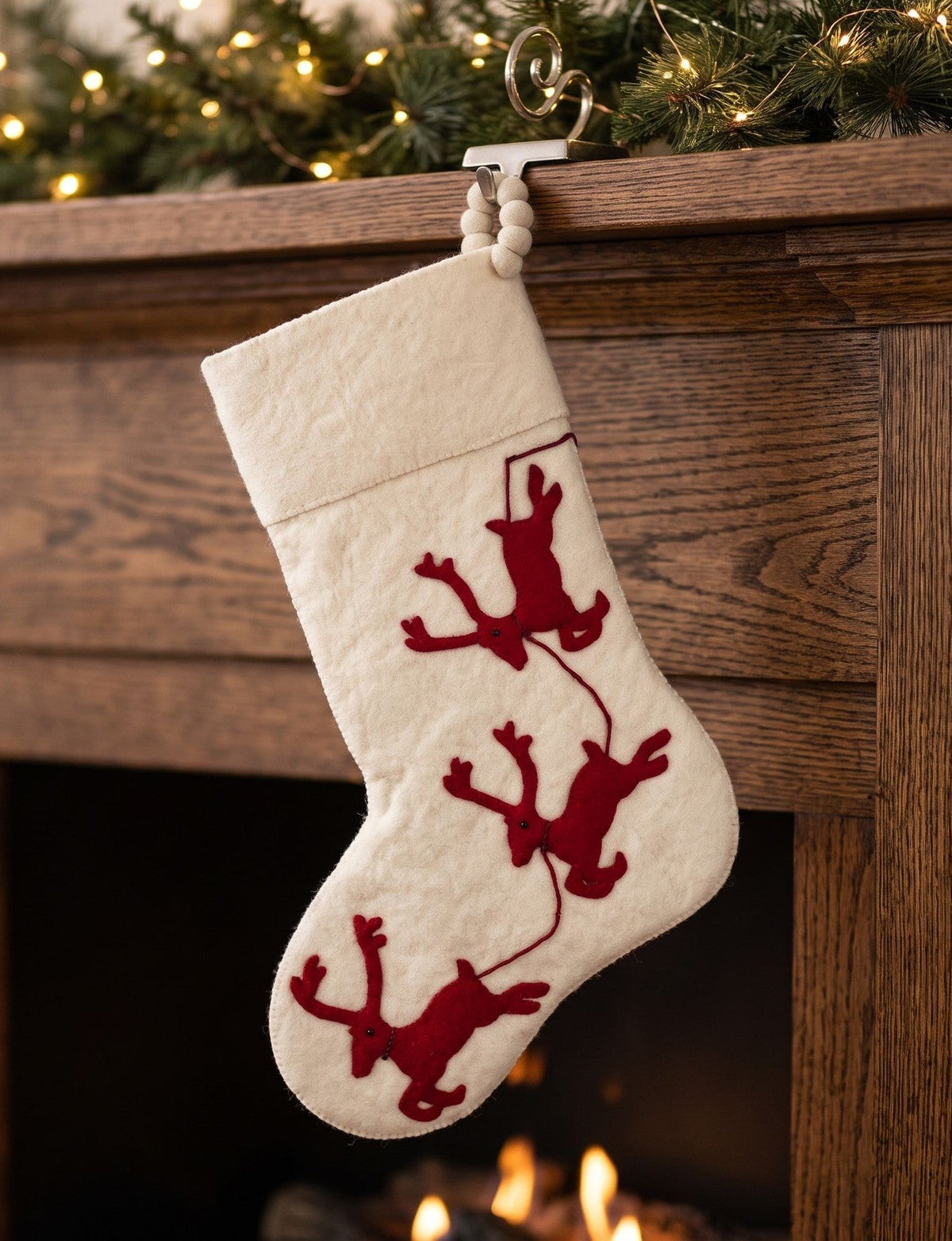 Handmade Christmas Stocking Cream Reindeer Red Arcadia Home - Che Cose Belle