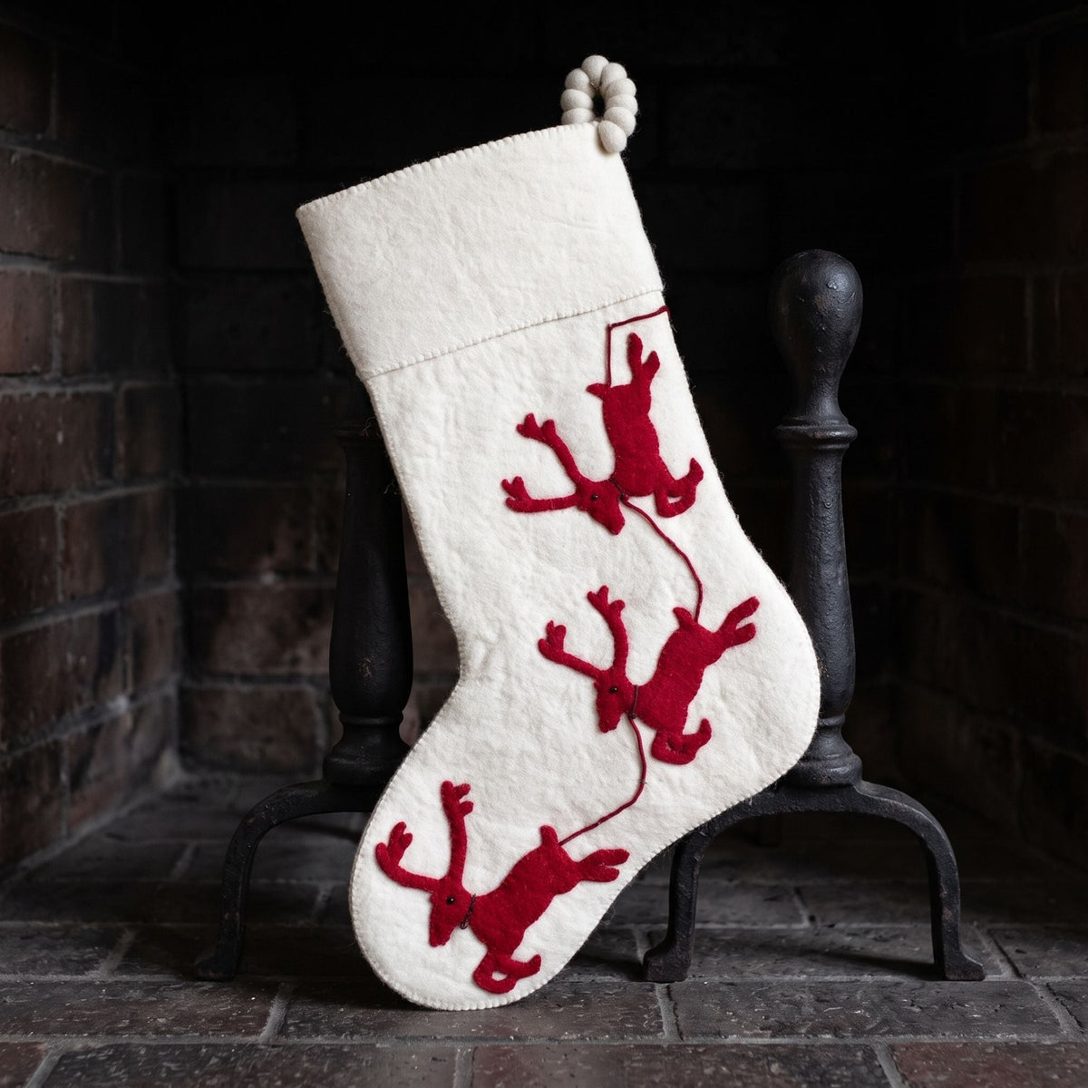 Handmade Christmas Stocking Cream Reindeer Red Arcadia Home - Che Cose Belle