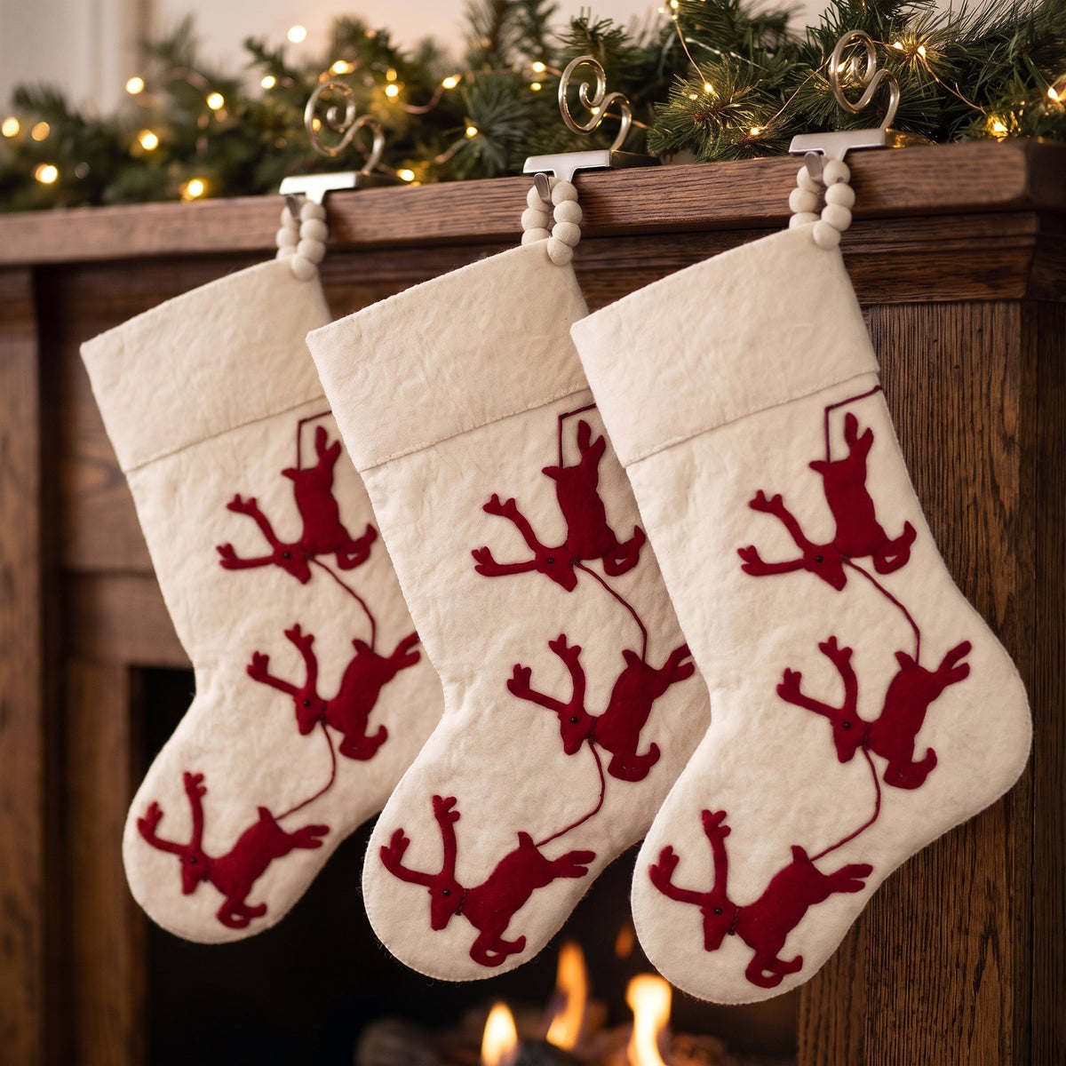 Handmade Christmas Stocking Cream Reindeer Red Arcadia Home - Che Cose Belle
